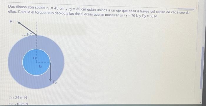 Dos discos con radios r₁ = 45 cm y r2 = 35 cm están unidos a un eje que pasa a través del centro de cada uno de ellos. Calcul