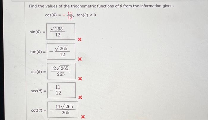 Solved Find the values of the trigonometric functions of 0 | Chegg.com