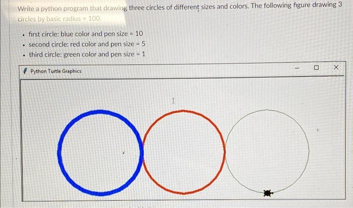 Solved Write a python program that drawing three circles of | Chegg.com