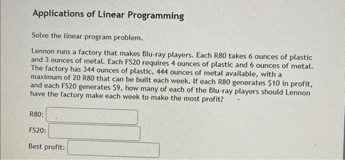 Solved Applications of Linear Programming Solve the linear | Chegg.com