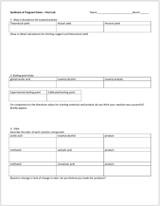 Synthesis of Fragrant Esters-Post Lab 1. Mass | Chegg.com