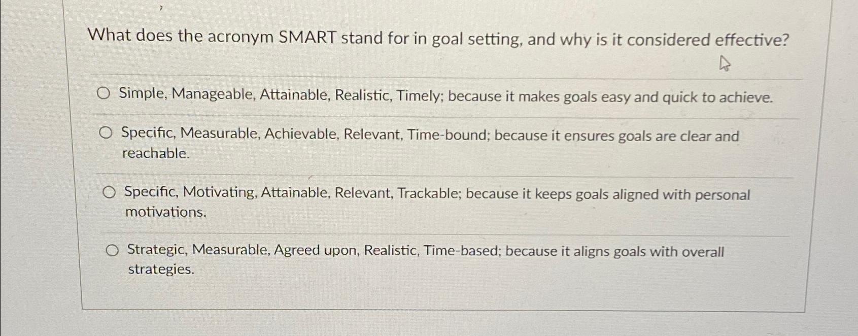 Solved What does the acronym SMART stand for in goal