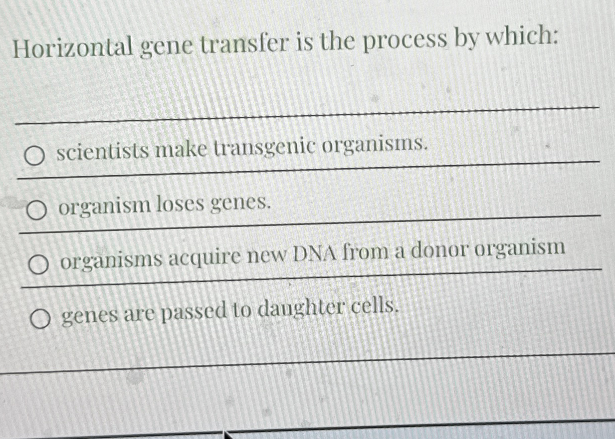 Solved Horizontal gene transfer is the process by | Chegg.com
