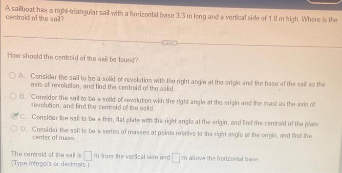 A sailboat has a right-triangular sail with a horizontal base \( 3.3 \mathrm{~m} \) long and a vertical side of \( 1.8 \mathr