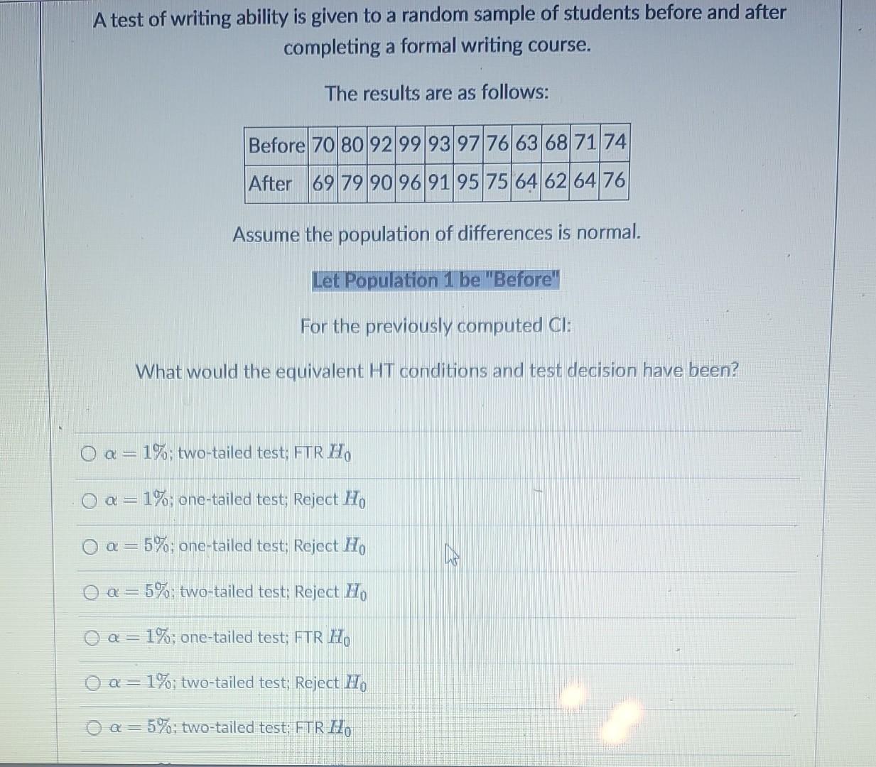 Solved A test of writing ability is given to a random sample | Chegg.com