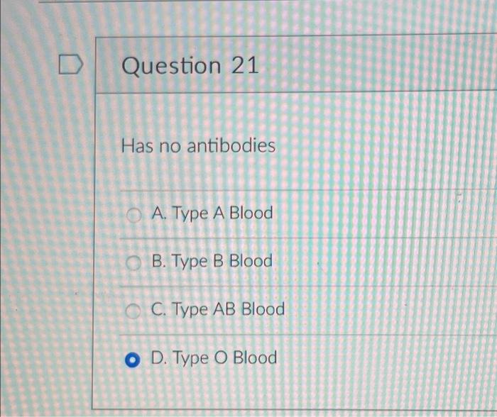 Solved D Question 21 Has no antibodies A. Type A Blood OB. | Chegg.com