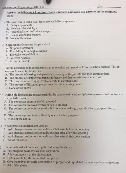 Solved Construction Engineering - 0401437 ID# Answer the | Chegg.com