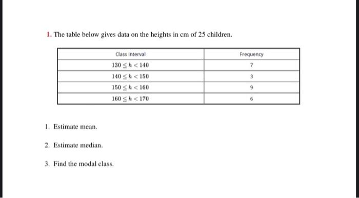 Solved 1. The table below gives data on the heights in cm of | Chegg.com