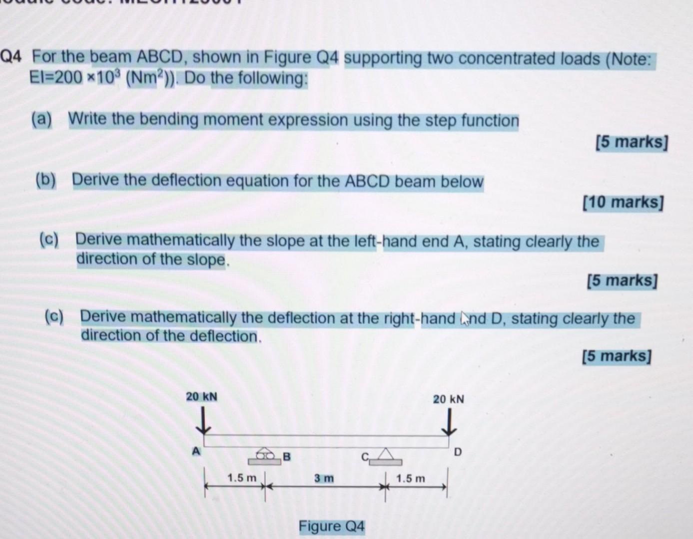 Solved 4 For The Beam ABCD, Shown In Figure Q4 Supporting | Chegg.com