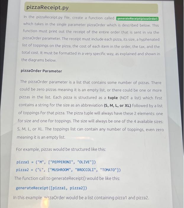 Solved pizzaReceipt.py In the pizzareceipt.py file, create a | Chegg.com