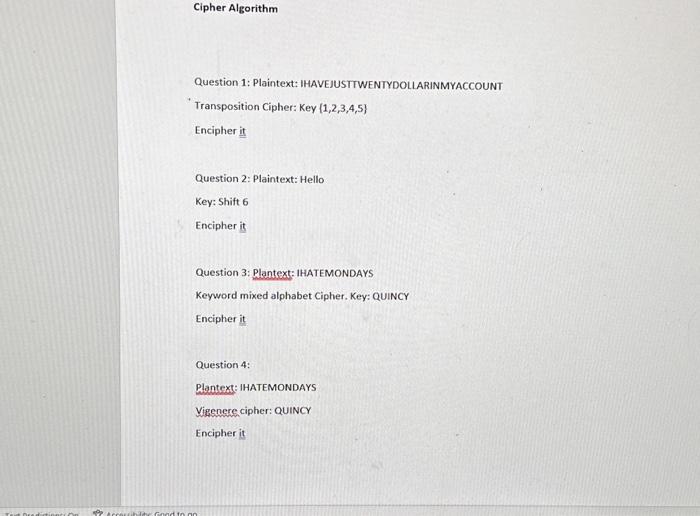 Solved Cipher Algorithm Question 1: Plaintext: | Chegg.com
