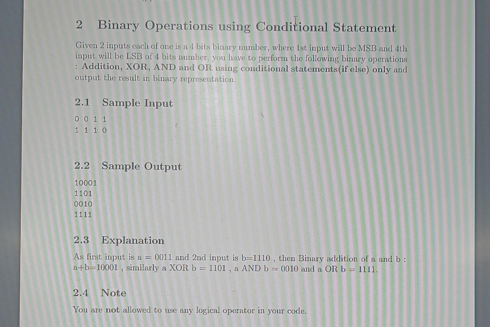 Solved Binary Operations using Conditional Statement Given | Chegg.com