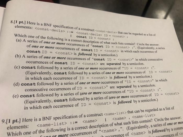 8.[1 pt.] Here is a BNF specification of a construct | Chegg.com