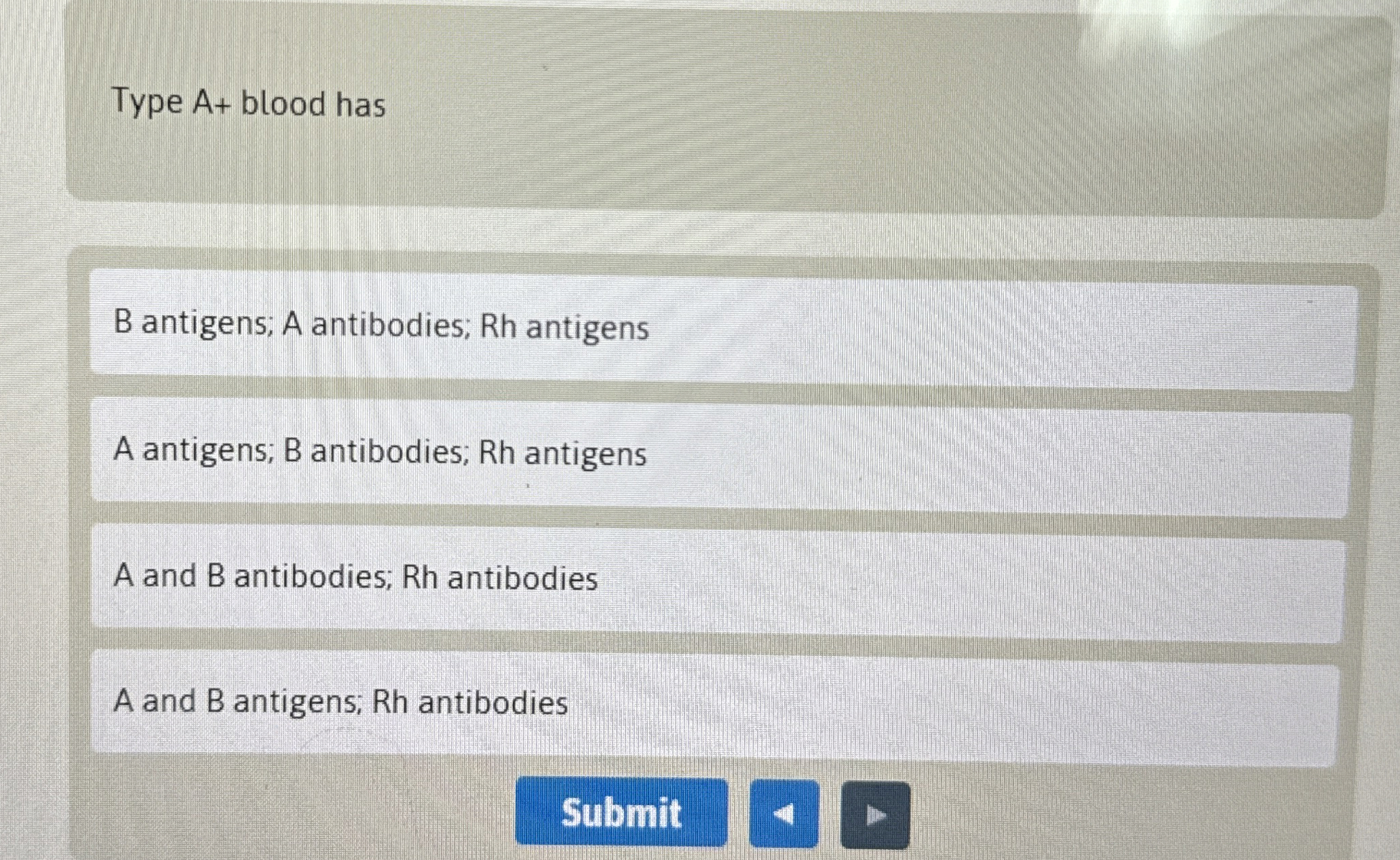 Solved Type A+ ﻿blood hasB antigens; A antibodies; Rh