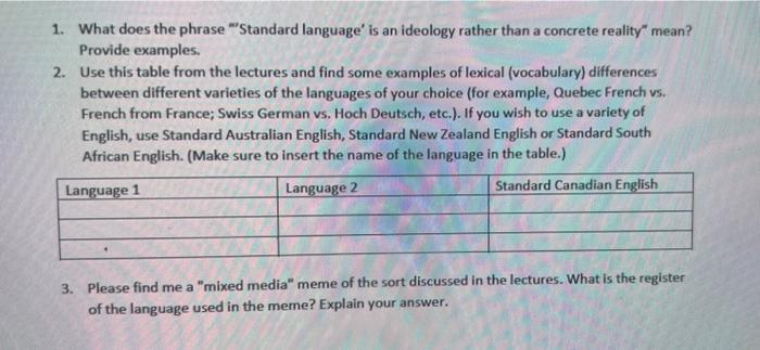 Solved 1. What does the phrase “’Standard language’ is an | Chegg.com