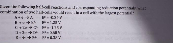 Solved Given The Following Half-cell Reactions And | Chegg.com