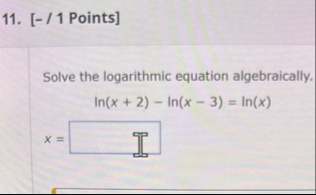 Solved [- / 1 ﻿Points]Solve the logarithmic equation | Chegg.com