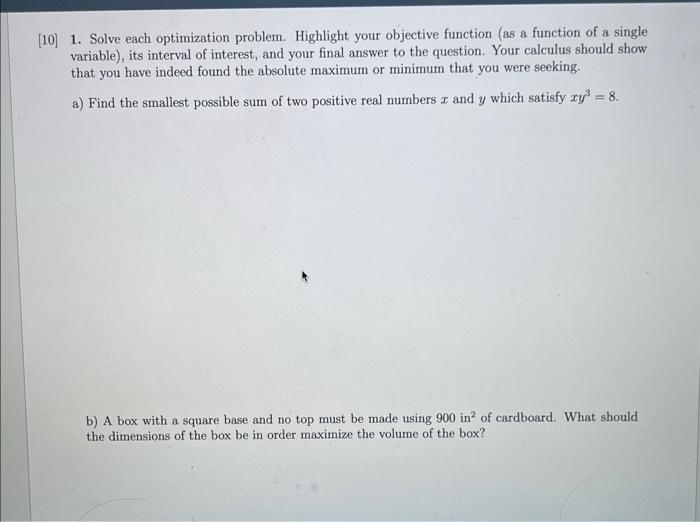 Solved 10] 1. Solve each optimization problem. Highlight | Chegg.com