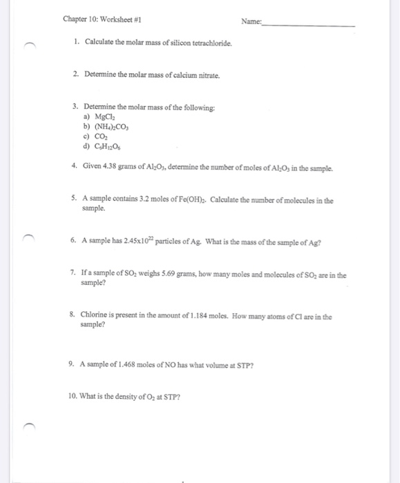 Solved Chapter 10: Worksheet #1 Name: 1. Calculate the molar | Chegg.com