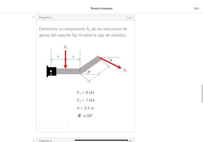 Determine la componente \( A_{x} \) de las reacciones de apoyo del soporte fijo A sobre la viga de voladizo. \[ \begin{array}