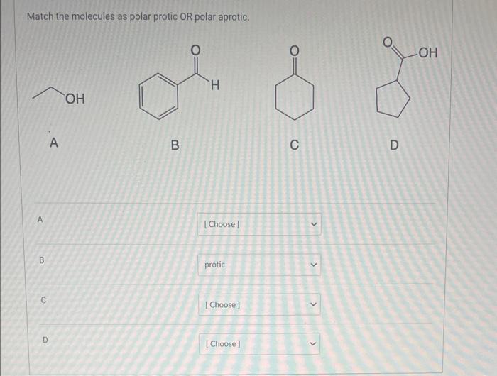 Solved Match the molecules as polar protic OR polar aprotic. | Chegg.com