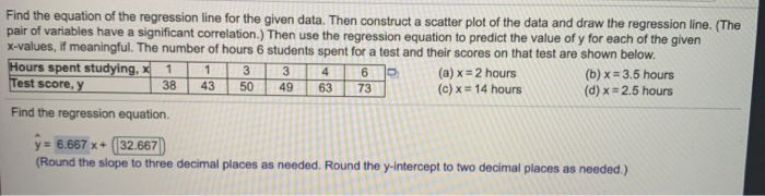 Solved Find the equation of the regression line for the | Chegg.com