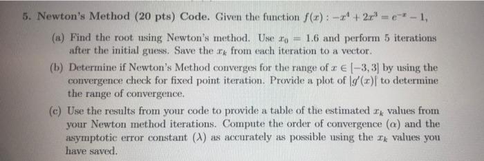 Solved 5. Newton's Method (20 pts) Code. Given the function | Chegg.com