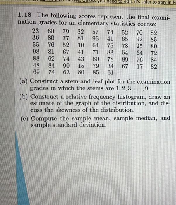 Solved 1.18 The following scores represent the final