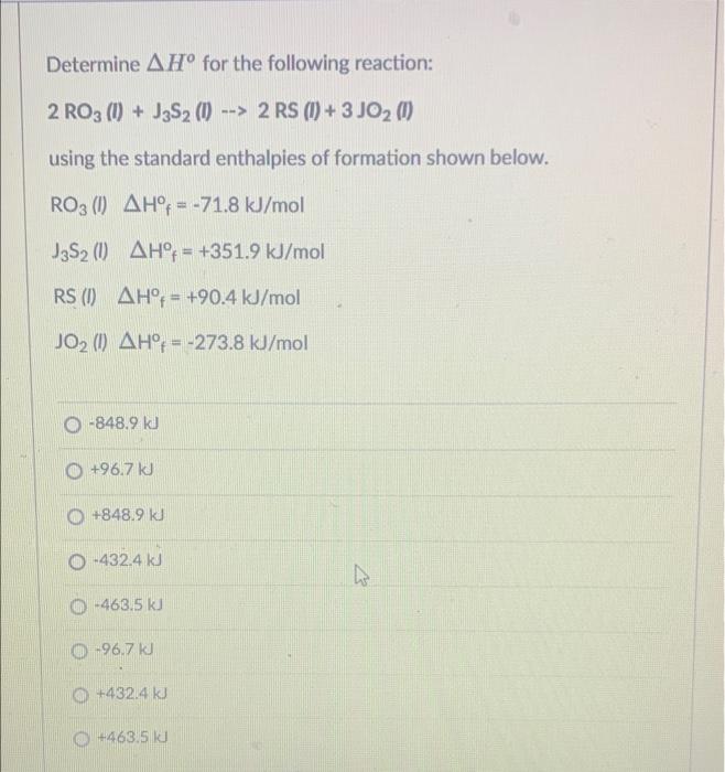 Solved Determine AH° for the following reaction: 2 RO3 (1) + | Chegg.com