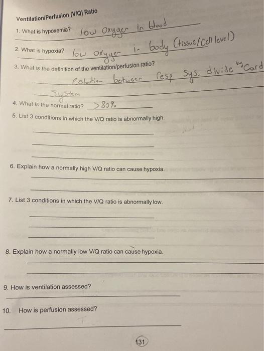 Solved Ventilation/Perfusion (V/Q) Ratio 1. What's ypoxemia? | Chegg.com