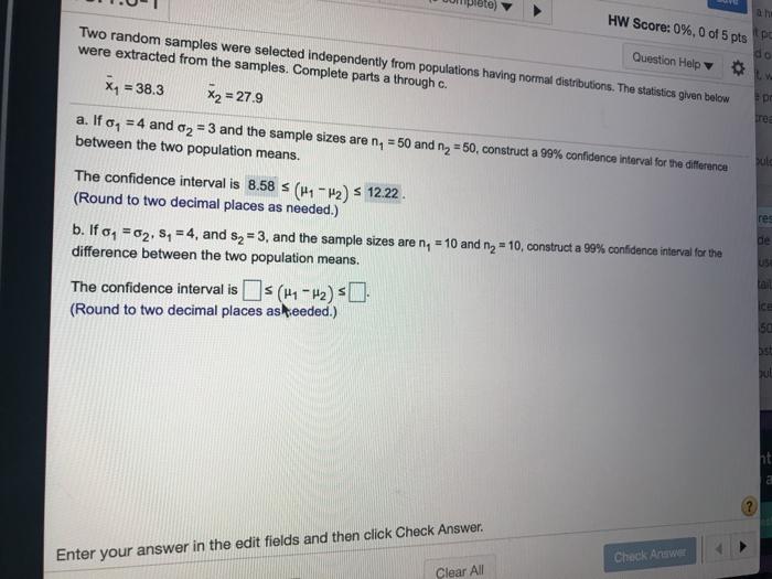 Solved ate) am Question Help Two random samples were | Chegg.com