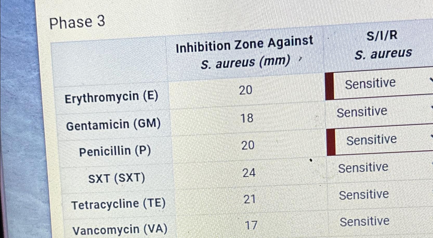 Solved Phase 3\table[[,\table[[Inhibition Zone Against],[S. | Chegg.com