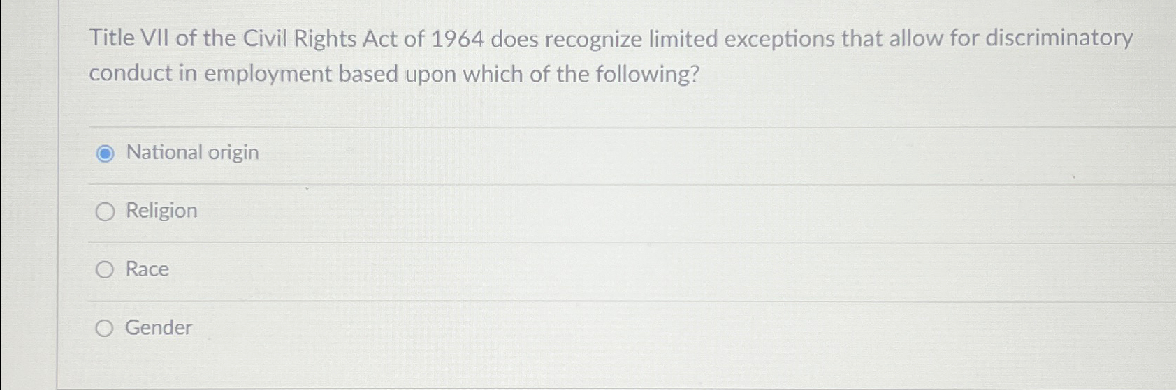 Solved Title VII of the Civil Rights Act of 1964 ﻿does | Chegg.com