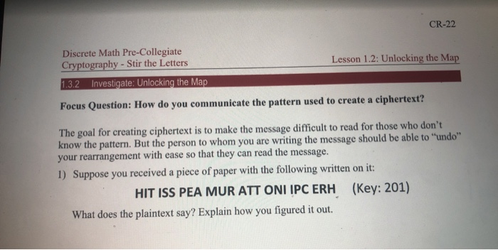 Solved CR-22 Discrete Math Pre-Collegiate Cryptography - | Chegg.com