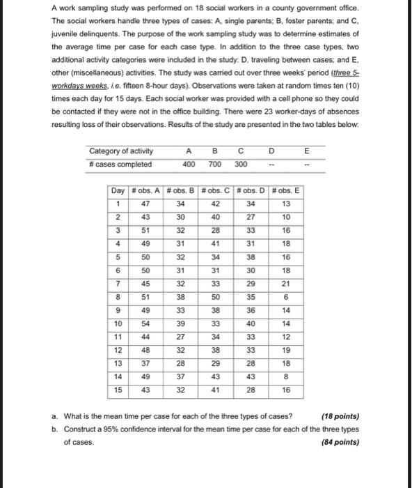 Solved A work sampling study was performed on 18 social | Chegg.com