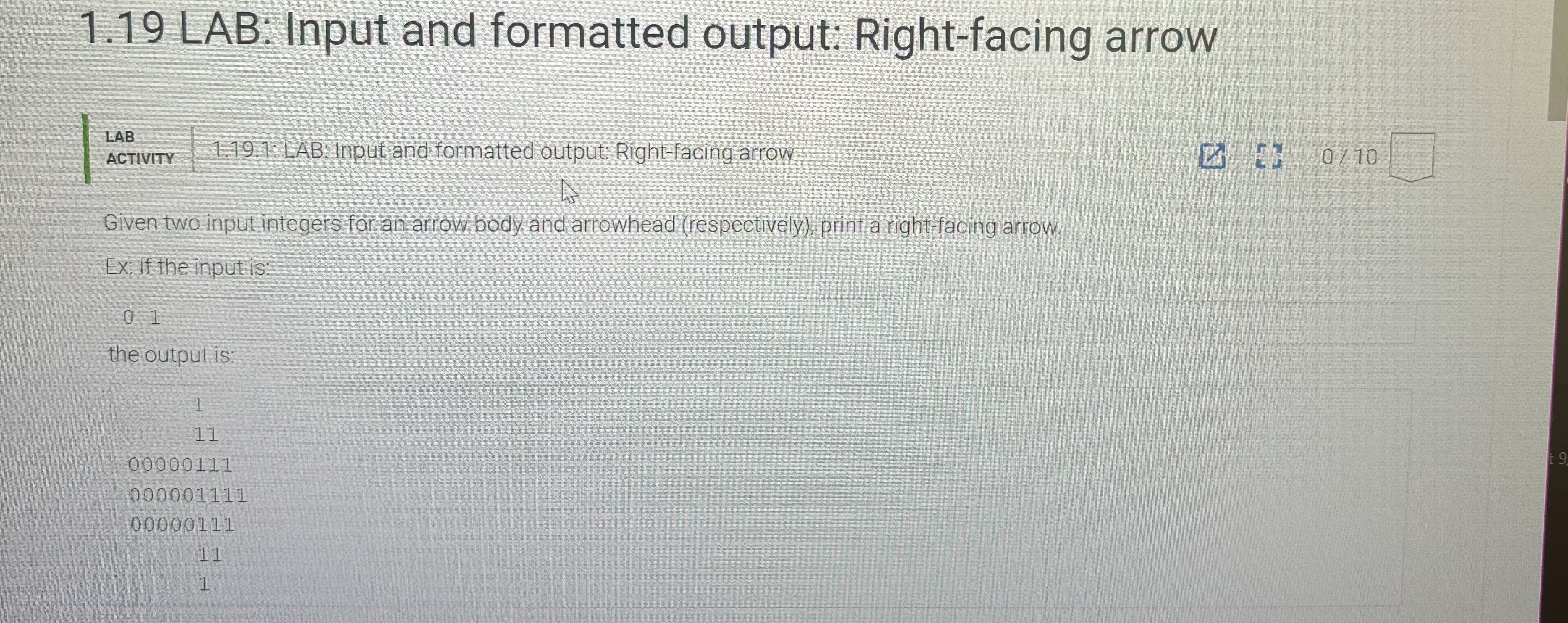 Solved 1.19 ﻿LAB: Input and formatted output: Right-facing | Chegg.com