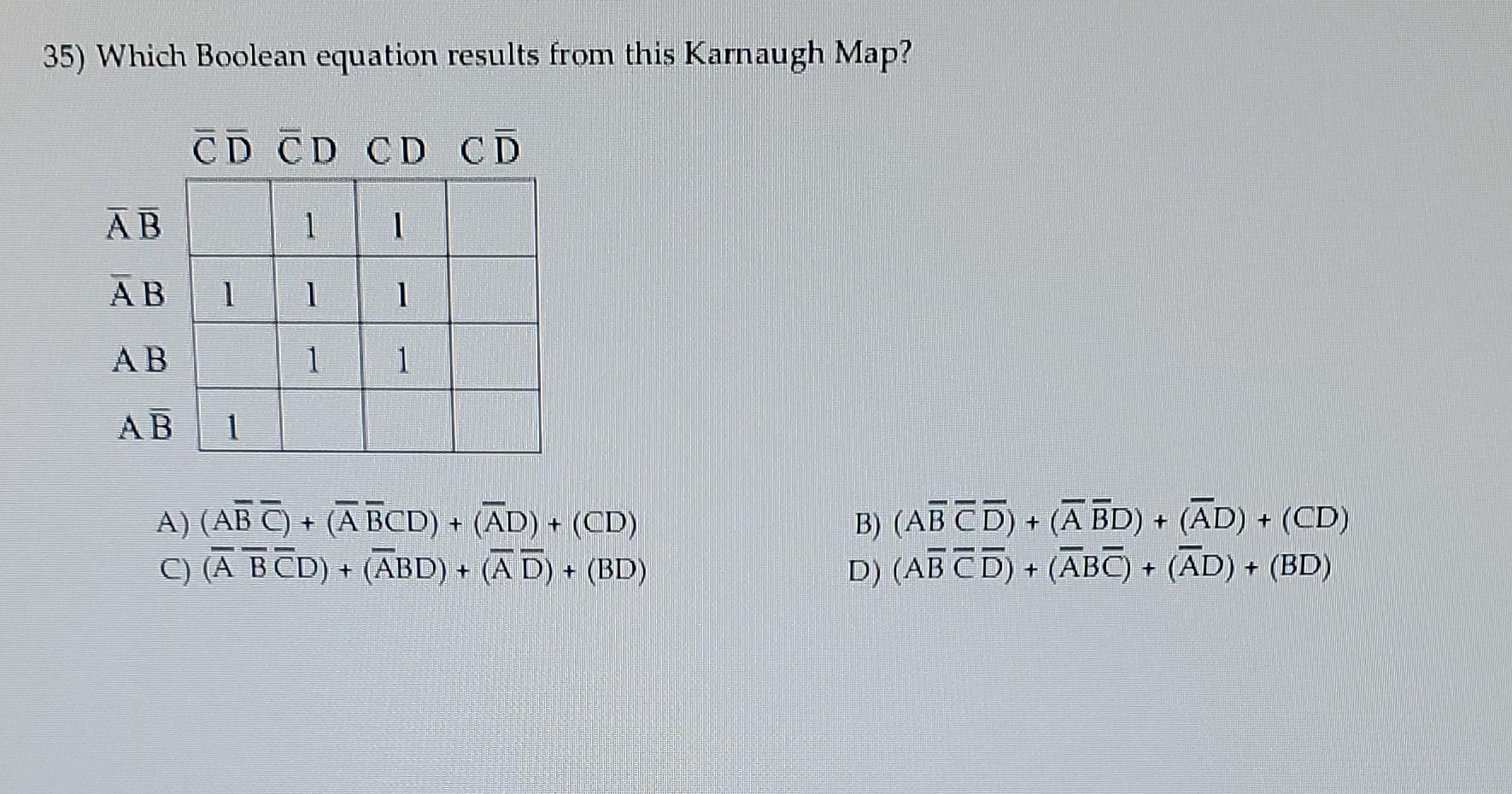 Solved 35) Which Boolean equation results from this Karnaugh | Chegg.com