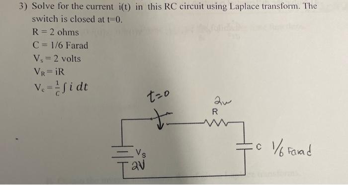Solved Switch is closed at t=0. R=2ohms C=1/6 Farad Vs=2 | Chegg.com