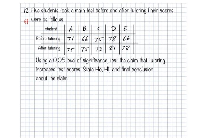 Solved 12. Five students took a math test before and after | Chegg.com