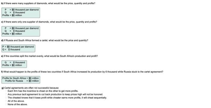 b) If thare were many suppliers of diamonds, what would be the price, quantly and profits?
\( P=50 \) thousand per diamond
\(