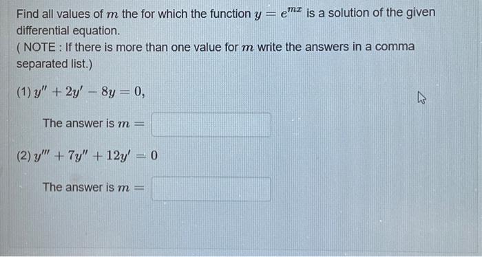 Solved Find all values of m the for which the function y=emx | Chegg.com