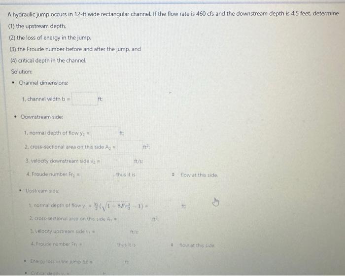 Solved A hydraulic jump occurs in 12-ft wide rectangular | Chegg.com