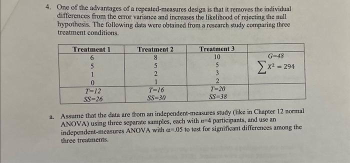 Solved B. Assume That The Data Are From A Repeated-measures | Chegg.com