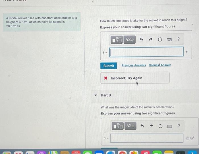 Solved A model rocket rises with constant acceleration to a