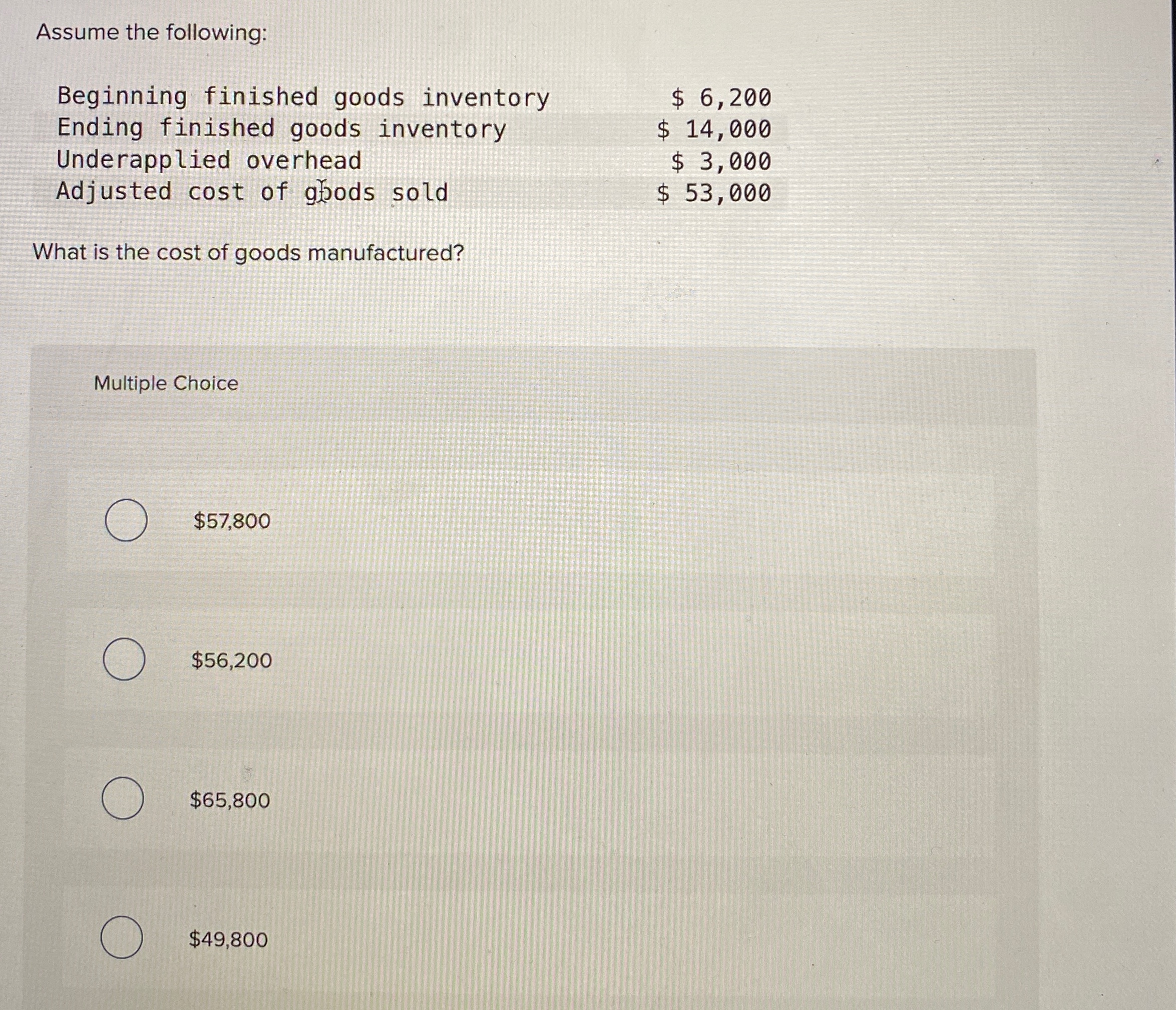 Solved Assume the following:\table[[Beginning finished goods | Chegg.com