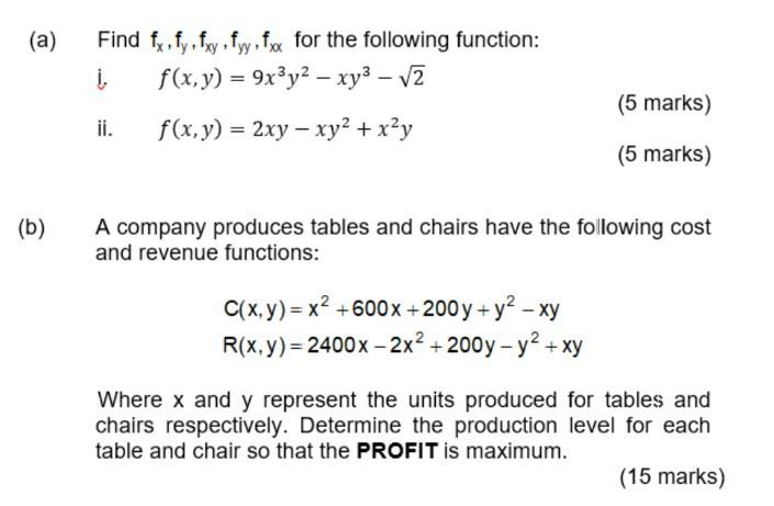 Solved Find Fx Fy Fxy Fyy Fxx For The Following Function I