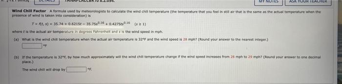 Solved MY NOIES ASK YOUR TEALHER Wind Chill Factor formula | Chegg.com