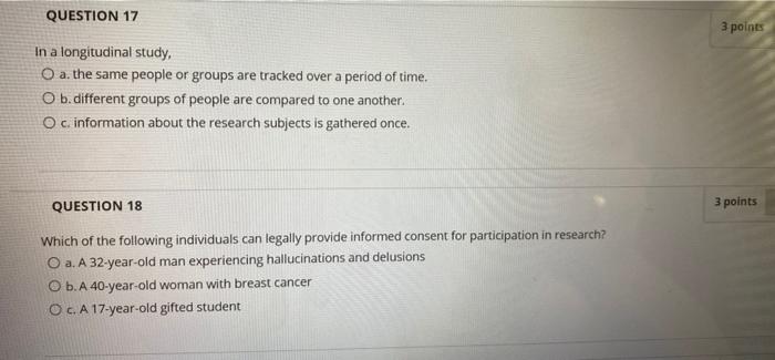 Solved QUESTION 17 3 points In a longitudinal study, O a. | Chegg.com