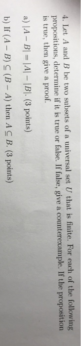 Solved 4. Let A and B be two subsets of a universal set U | Chegg.com