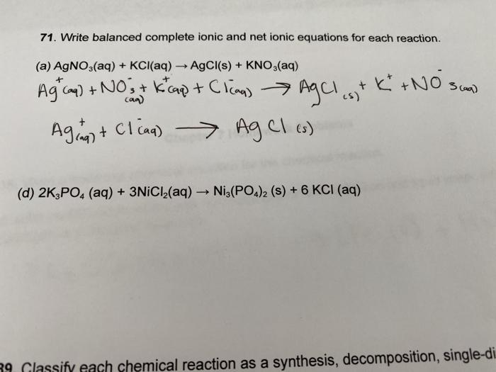 Solved 71. Write balanced complete ionic and net ionic | Chegg.com